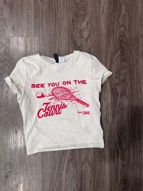 H&M White Crop Tee with Pink Tennis Graphic